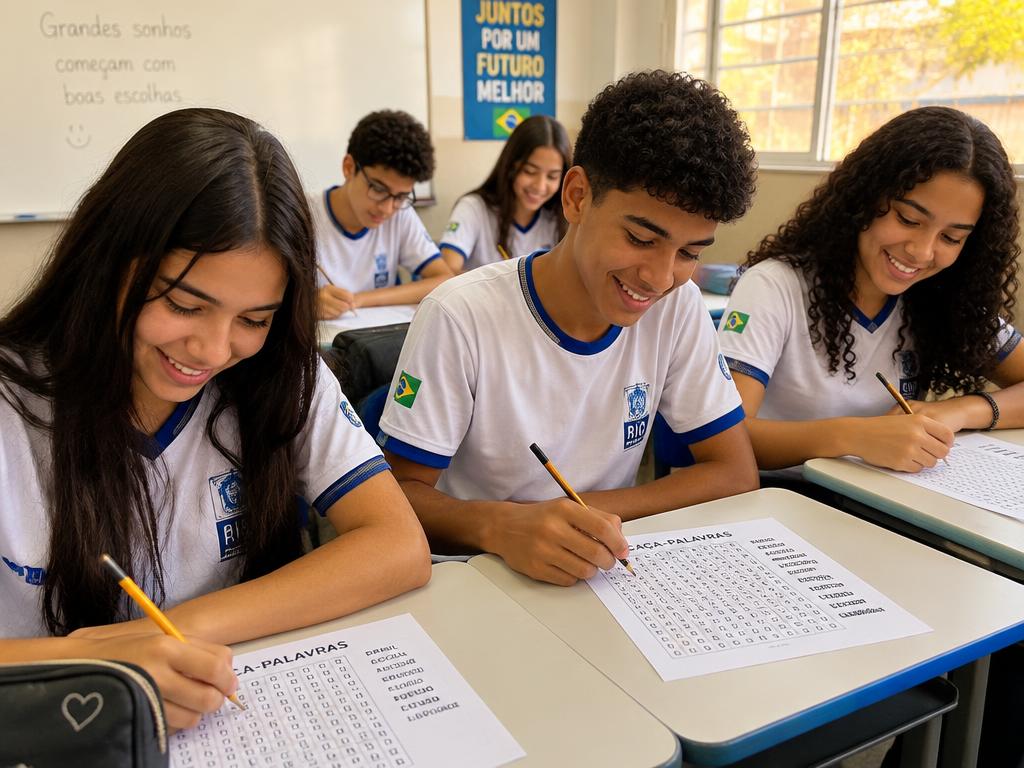 Alunos resolvendo caça-palavras em sala